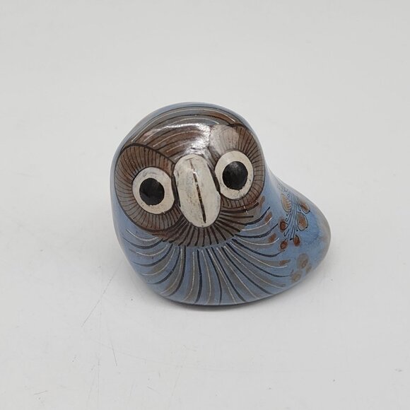Handcrafted Ceramic Blue Owl Figurine With Floral Design From Mexico - Picture 2 of 6
